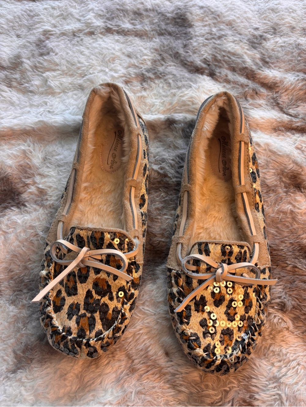 Leopard Sequin Faux-Fur Moccasin Slippers - Tan